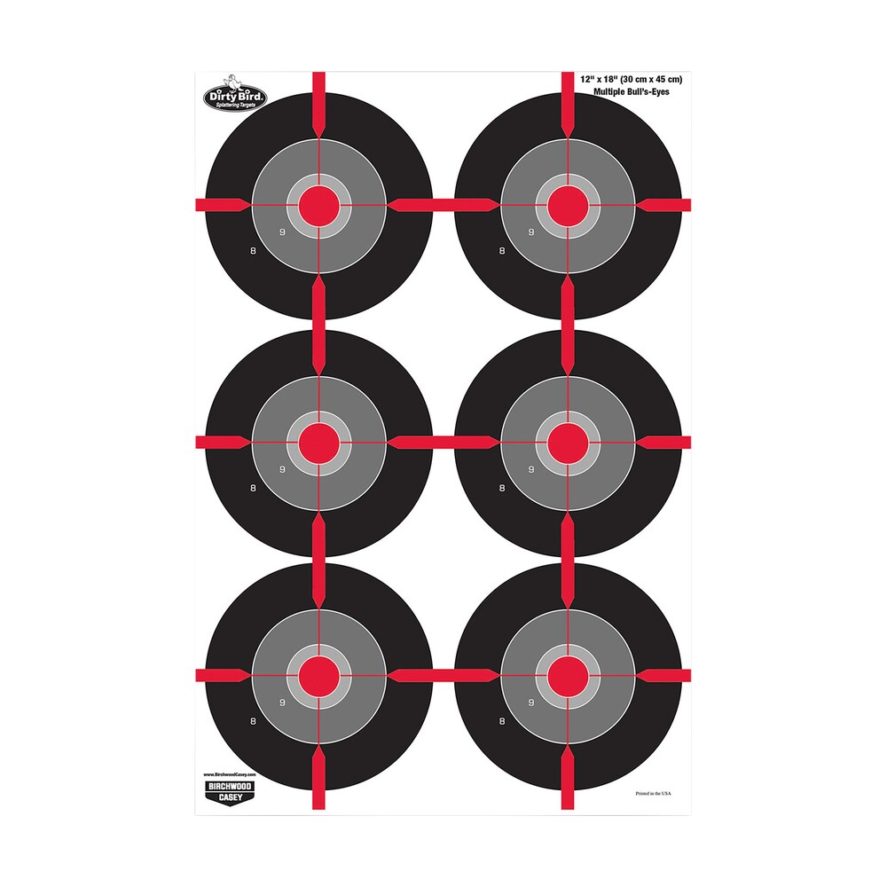 birchwood casey 35705 dirty bird multiple bullseye tagboard hanging pistol 12" x 18" black/red/gray white impact splatter 8 per pkg Birchwood Casey 35705 Dirty Bird Multiple Bullseye Tagboard Hanging Pistol 12" x 18" Sports South item 115758