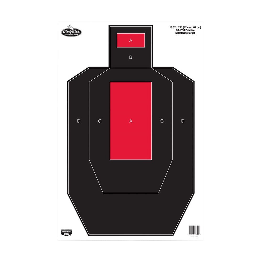 birchwood casey 35743 dirty bird ipsc tagboard hanging pistol 16.50" x 24" black/red white impact splatter 3 per pkg Birchwood Casey 35743 Dirty Bird IPSC Tagboard Hanging Pistol 16.50" x 24" Black/Red White Sports South item 115759