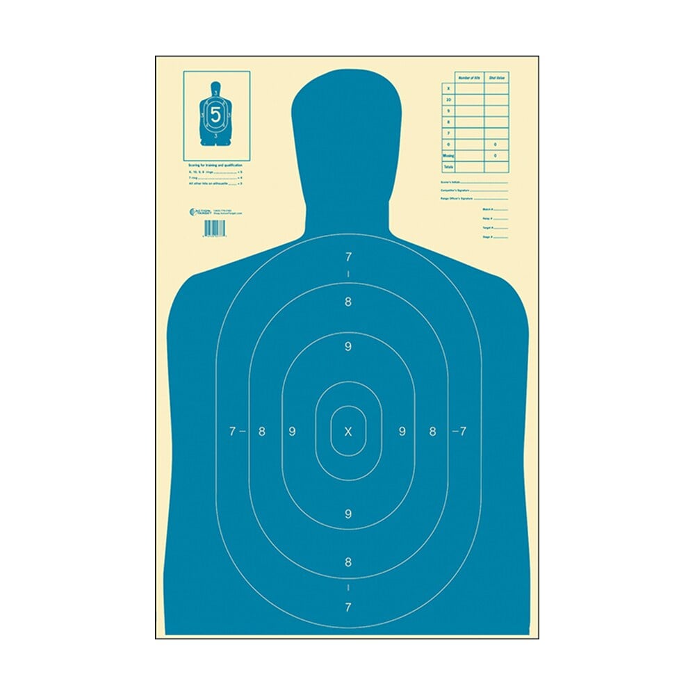 action target b27eblue100 qualification economy silhouette paper hanging 23" x 35" blue/white 100 per box Action Target B27EBLUE100 Qualification Economy Silhouette Paper Hanging 23" x 35" Blue/White Sports South item 116023