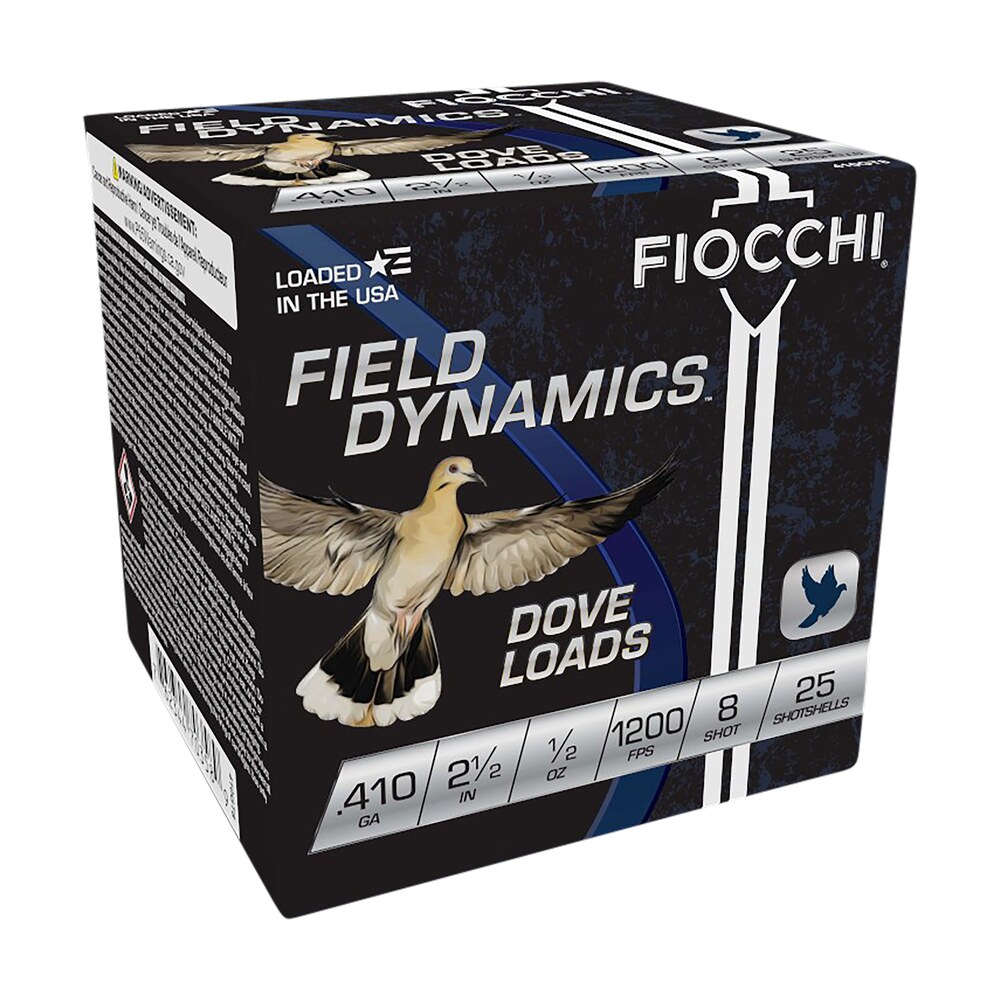 fiocchi 410gt8 field dynamics dove & quail 410gauge 2.50" 1/2oz 8shot 25 per box/10 case Fiocchi 410GT8 Field Dynamics Dove & Quail 410Gauge 2.50" 1/2oz 8Shot 25 Per Box/10 Case Sports South item 116610