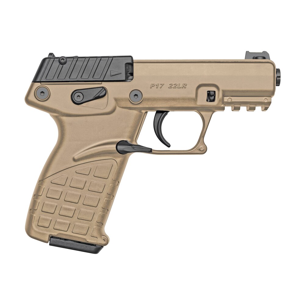 kel tec p17btan p17 compact frame 22 lr 16+1 3.80" black steel threaded barrel, tan serrated slide, tan w/black controls polymer frame w/picatinny rail, textured grip, ambidextrous Kel-Tec P17BTAN P17 Compact Frame 22 LR 16+1 3.80" Black Steel Threaded Sports South item 117888
