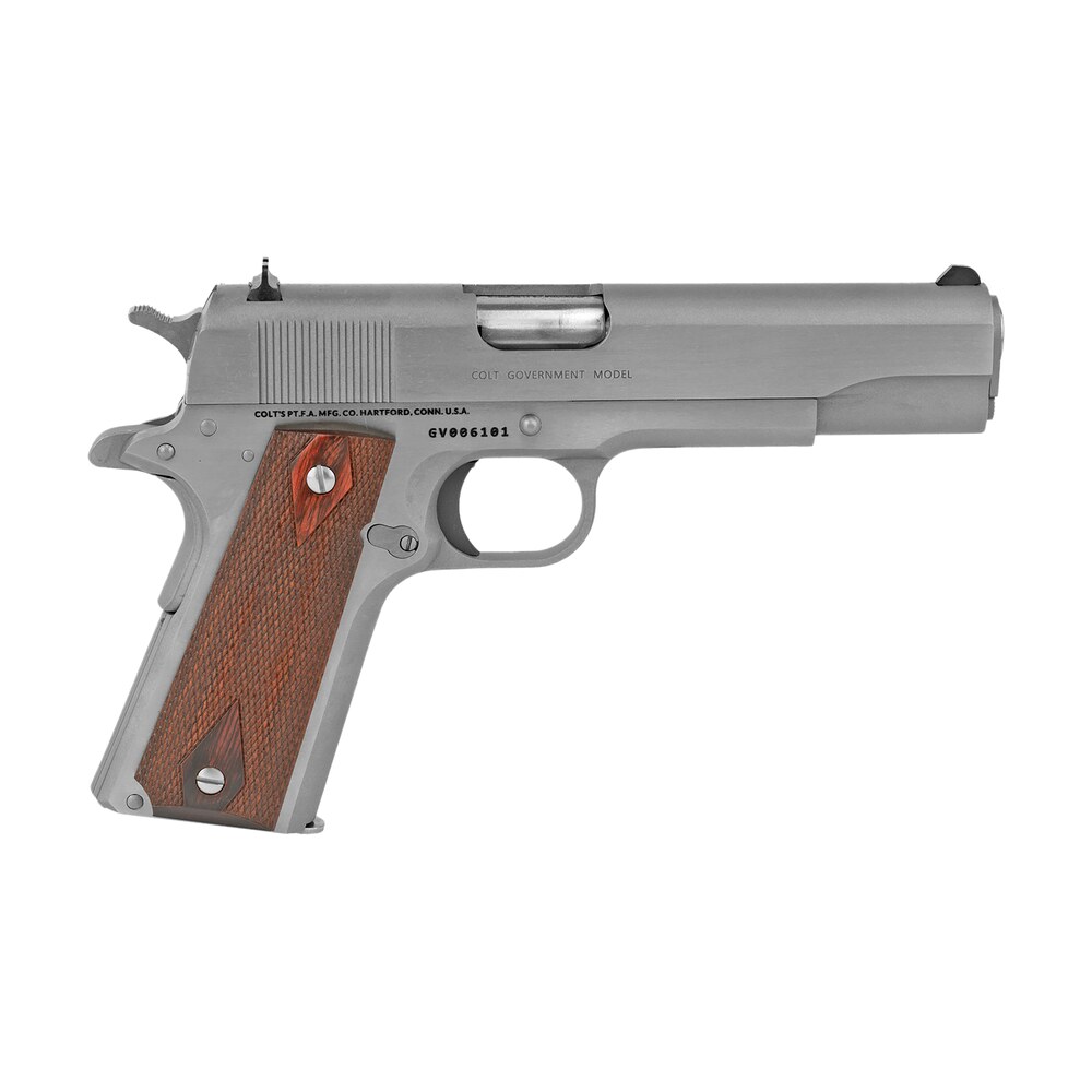 colt mfg o1911css38 1911 government 38 super 9+1 5" stainless national match barrel, serrated stainless steel slide & frame w/beavertail, diamond checkered rosewood Colt Mfg O1911CSS38 1911 Government 38 Super 9+1 5" Stainless National Match Sports South item 119057