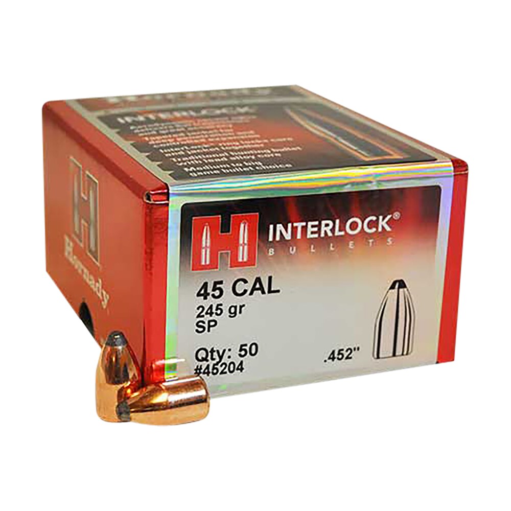 hornady 45204 interlock 45 cal .452 245 gr spire point 50 per box/ 15 case Hornady 45204 InterLock 45 Cal .452 245 gr Spire Point 50 Per Box/ 15 Case Sports South item 119075