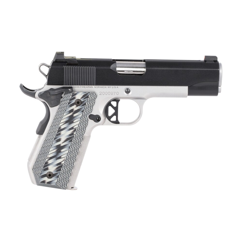dan wesson 01825 v bob 45 acp 8+1 4.25" stainless match grade barrel, blued serrated stainless steel slide, stainless steel frame w/beavertail, black/gray g10 grip, ambidextrous Dan Wesson 01825 V-Bob 45 ACP 8+1 4.25" Stainless Match Grade Sports South item 119306