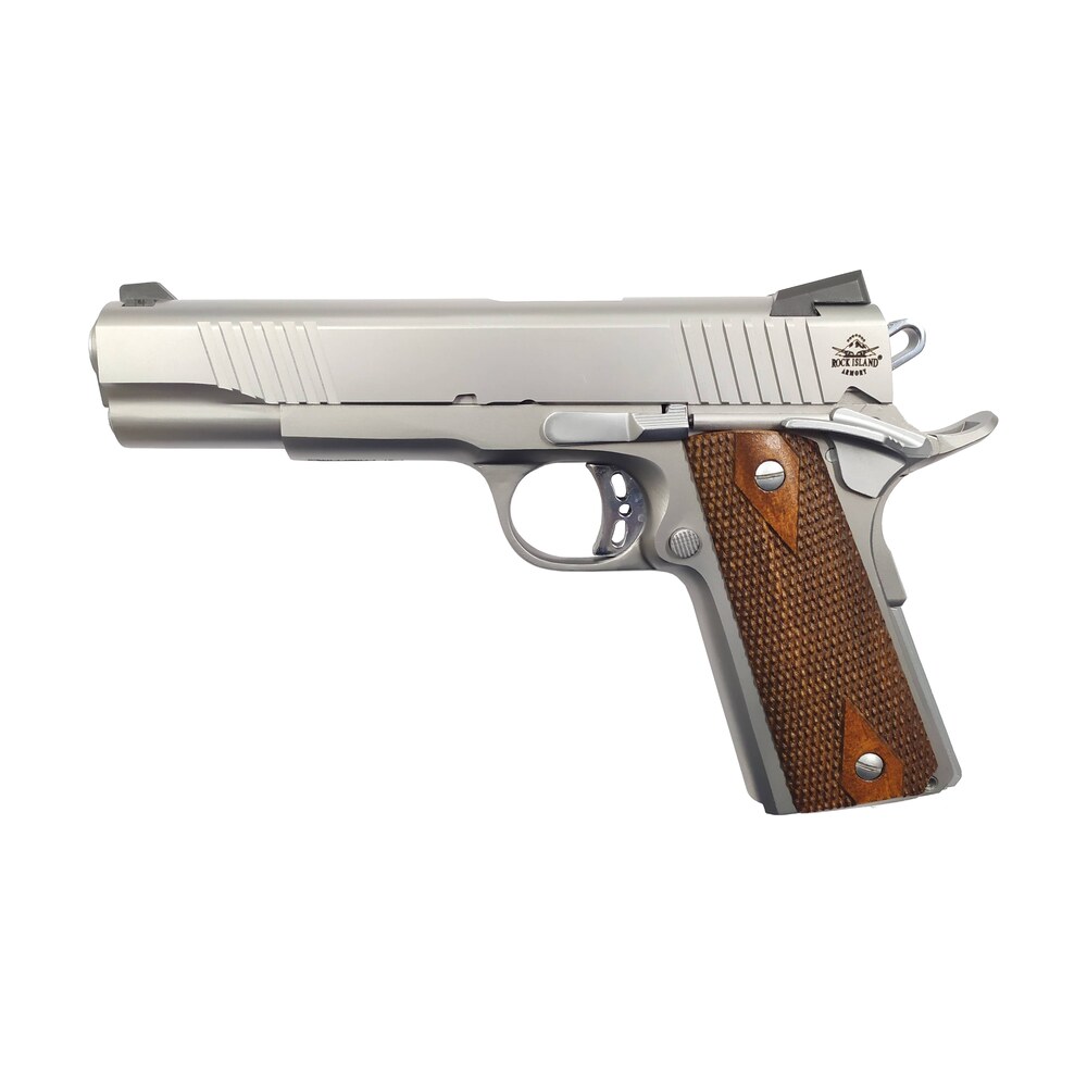 rock island 51414 rock standard fs *ca compliant 45 acp caliber with 5" barrel, 8+1 capacity, overall matte stainless steel finish, beavertail frame, serrated slide & double checkered wood grip Rock Island 51414 Rock Standard FS *CA Compliant 45 ACP Caliber Sports South item 119659