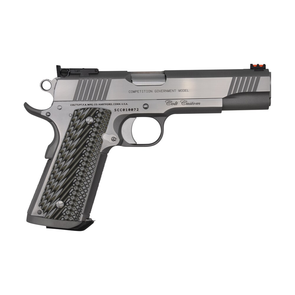colt mfg o1073cs custom competition 38 super 9+1 5" stainless national match barrel, brushed stainless steel serrated slide & frame w/beavertail, black g10 grip, ambidextrous Colt Mfg O1073CS Custom Competition 38 Super 9+1 5" Stainless National Match Sports South item 119741