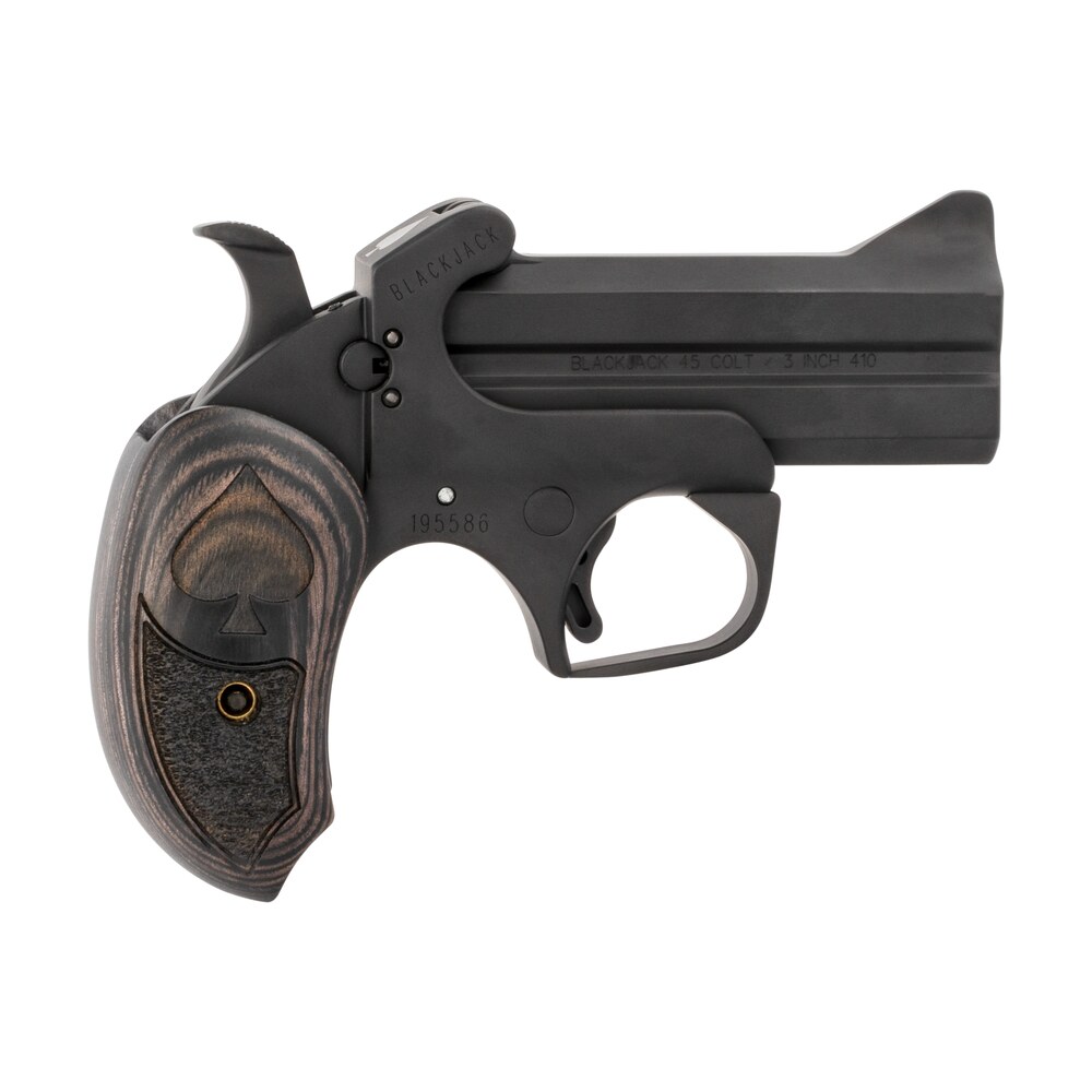 bond arms babj black jack 45 colt/410 gauge 2rd shot 3.50" black black steel frame black ash grips features silver spade above hinge right hand Bond Arms BABJ Black Jack 45 Colt/410 Gauge 2rd Shot 3.50" Black Black Steel Frame Black Ash Sports South item 120046