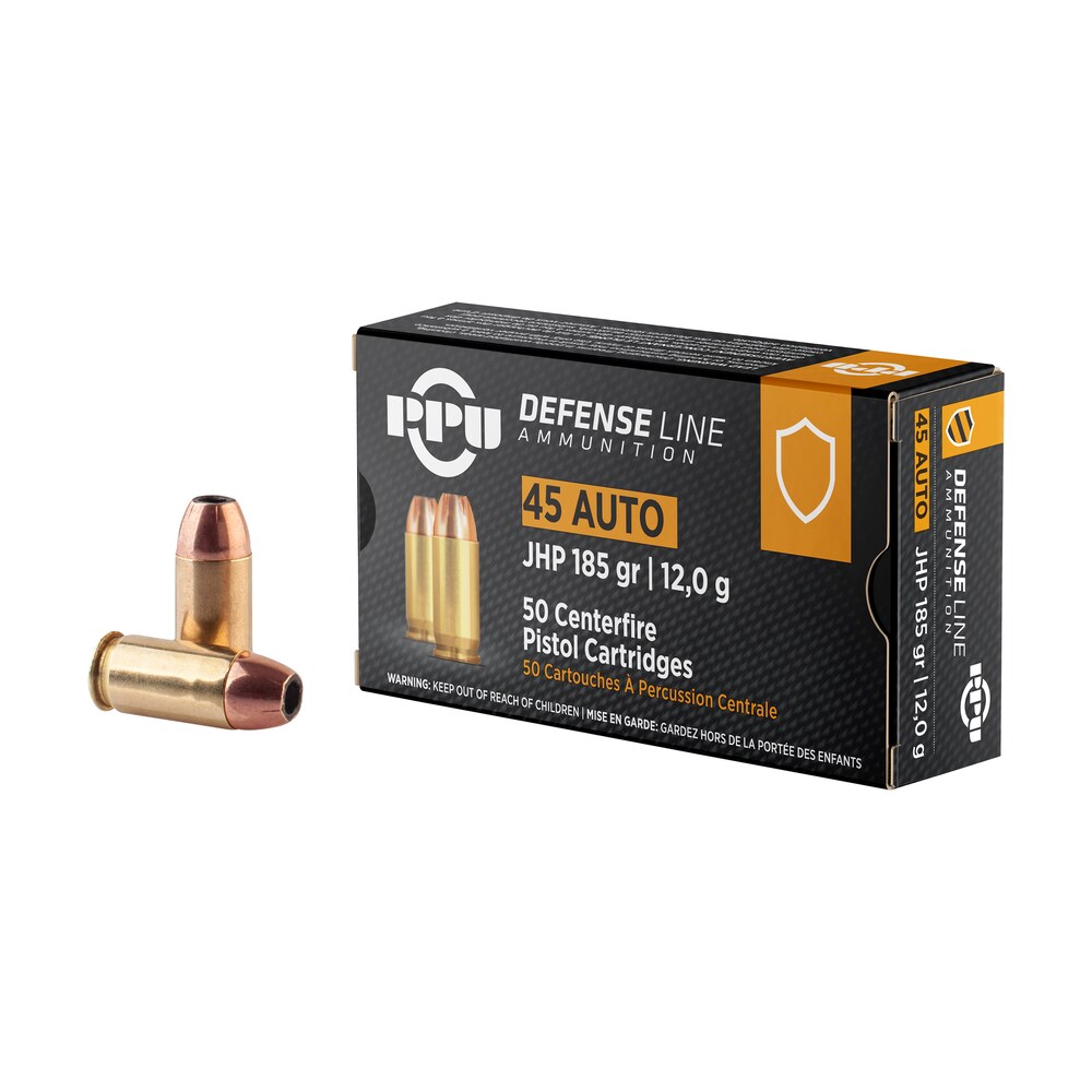 ppu ppd45 defense 45acp 185gr jacketed hollow point 50 per box/10 case PPU PPD45 Defense 45ACP 185gr Jacketed Hollow Point 50 Per Box/10 Case Sports South item 120053