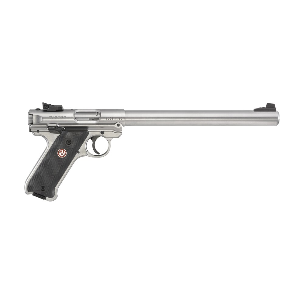 ruger 40174 mark iv target 22 lr 10+1 10" overall satin stainless steel bull barrel, slide & satin aluminum frame, black checkered polymer grips Ruger 40174 Mark IV Target 22 LR 10+1 10" Overall Satin Stainless Steel Bull Sports South item 120298