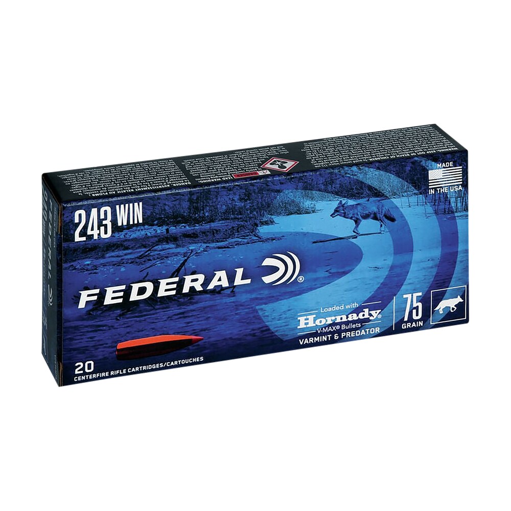federal v243vm75 varmint & predator 243win 75gr hornady v max 20 per box/10 case Federal V243VM75 Varmint & Predator 243Win 75gr Hornady V-Max 20 Per Box/10 Case Sports South item 121085