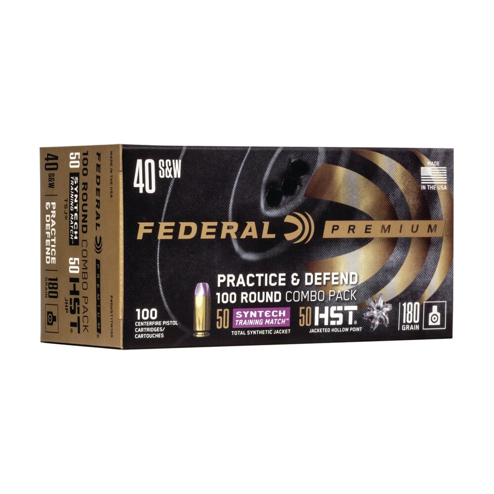 federal p40hst1tm100 premium practice & defend 40s&w 180gr hst jhp/syntech tsj 100 per box/5 case Federal P40HST1TM100 Premium Practice & Defend 40S&W 180gr HST JHP/Syntech TSJ 100 Per Sports South item 121142