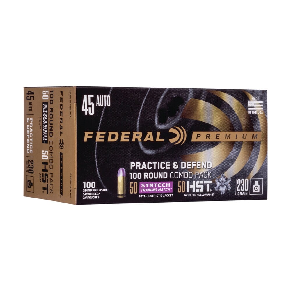federal p45hst2tm100 premium practice & defend 45acp 230gr hst jhp/syntech tsj 100 per box/5 case Federal P45HST2TM100 Premium Practice & Defend 45ACP 230gr HST JHP/Syntech TSJ 100 Per Sports South item 121153