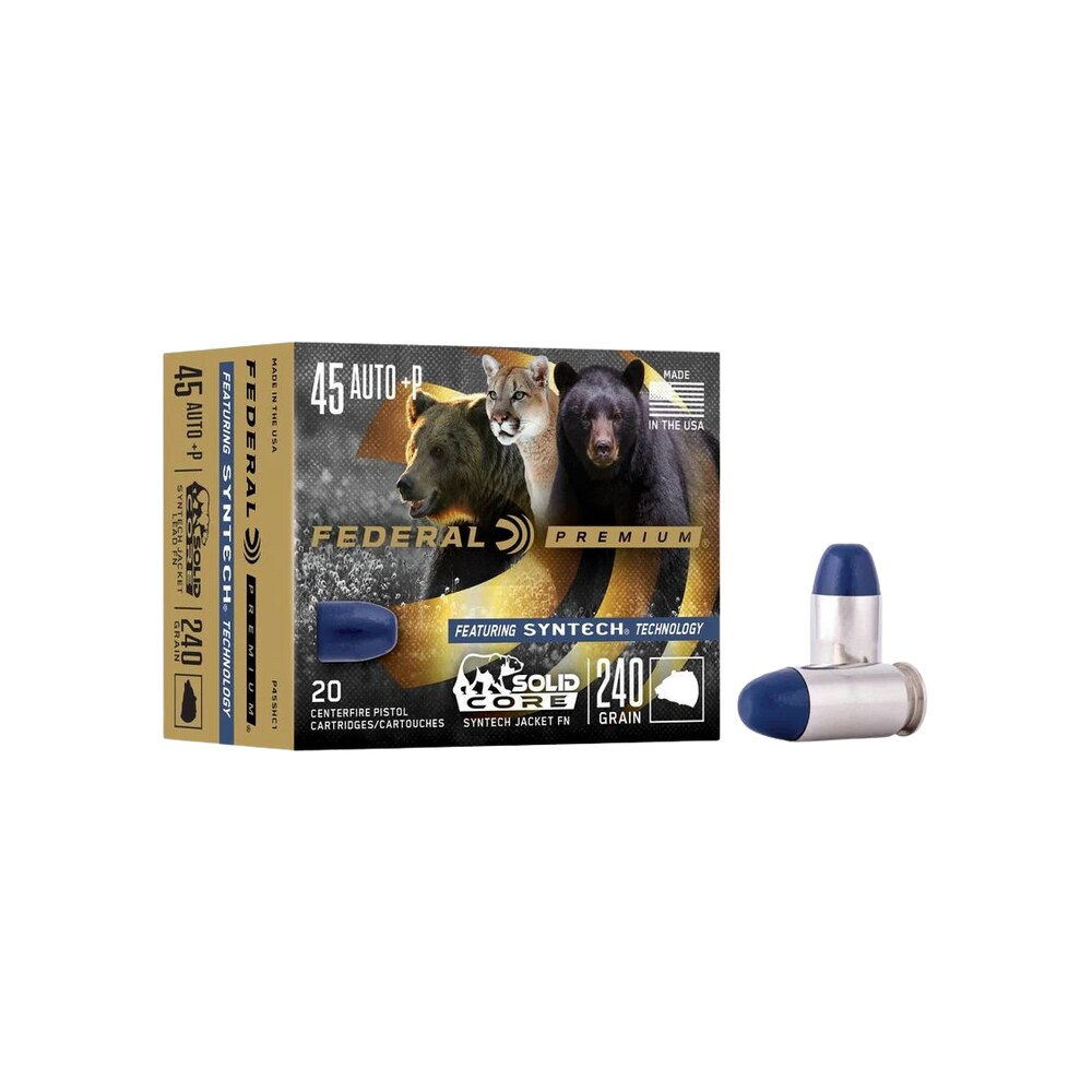 federal p45shc1 premium 45acp+p 240gr solid core synthetic flat nose 20 per box/10 case Federal P45SHC1 Premium 45ACP+P 240gr Solid Core Synthetic Flat Nose 20 Per Box/10 Case Sports South item 121154