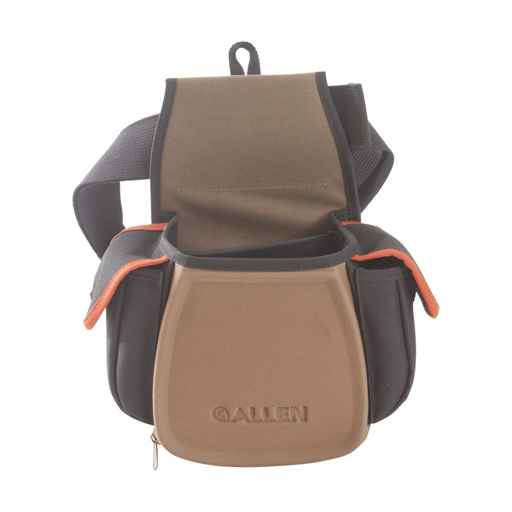 allen 8306 eliminator pro double compartment shooting bag black w/coffee & copper accents, elastic loops, side pockets & d ring 7" x 4.75" x 12" exterior dimensions Allen 8306 Eliminator Pro Double Compartment Shooting Bag Black Sports South item 122527