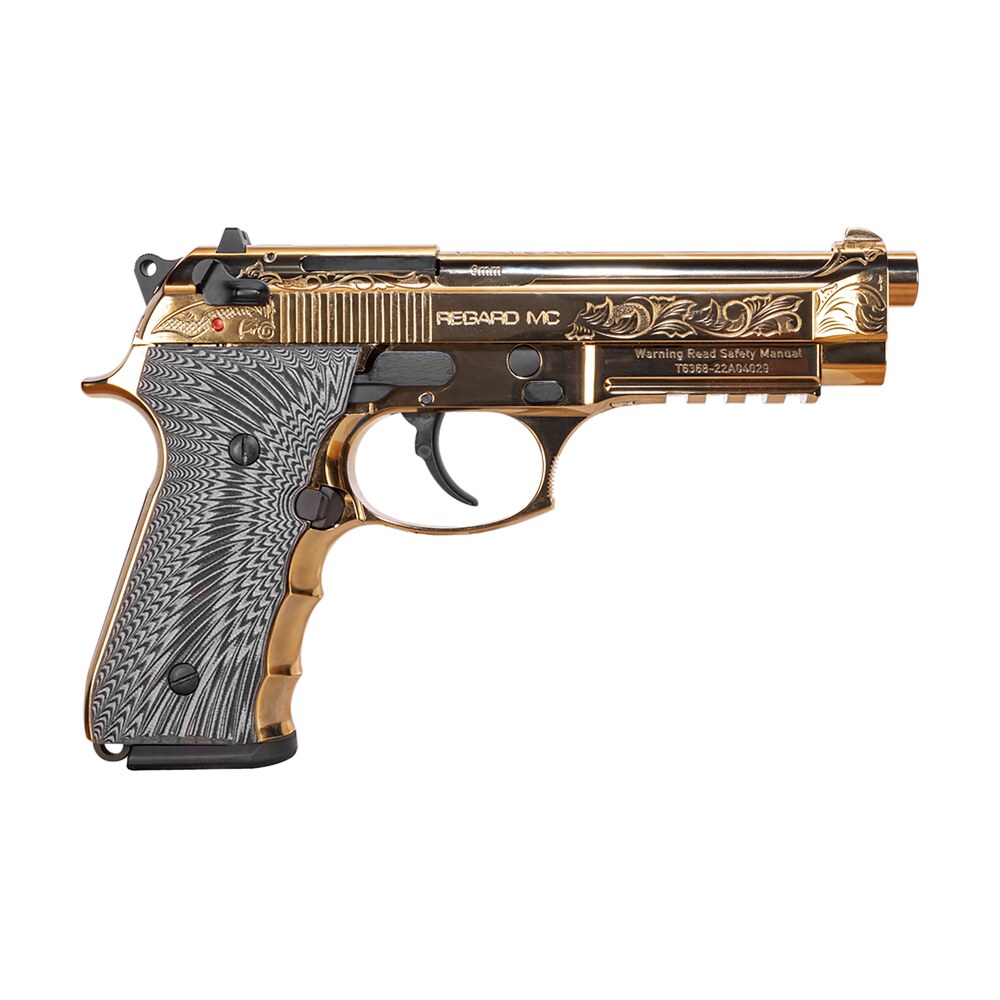 eaa girsan 390088 regard mc deluxe 9mm luger 18+1, 4.90" stainless steel barrel, gold plated serrated w/engraving steel slide & aluminum frame w/picatinny rail, black g10 grip, ambidextrous EAA GIRSAN 390088 Regard MC Deluxe 9mm Luger 18+1, 4.90" Stainless Steel Sports South item 122645