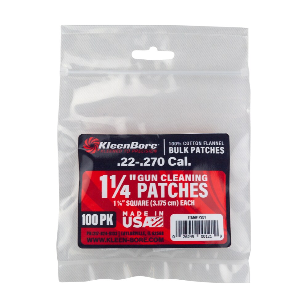 kleenbore p201 super shooter .22 .270 cal 1.25" 100% cotton flannel 100 per pack KleenBore P201 Super Shooter .22 - .270 Cal 1.25" 100% Cotton Flannel 100 Per Pack Sports South item 123738