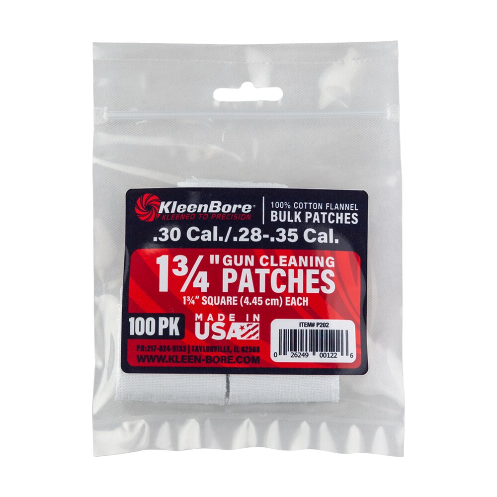 kleenbore p202 super shooter .30/ .28 .35 cal 1.75" 100% cotton flannel 75 per pack KleenBore P202 Super Shooter .30/ .28 - .35 Cal 1.75" 100% Cotton Flannel 75 Per Pack Sports South item 123739