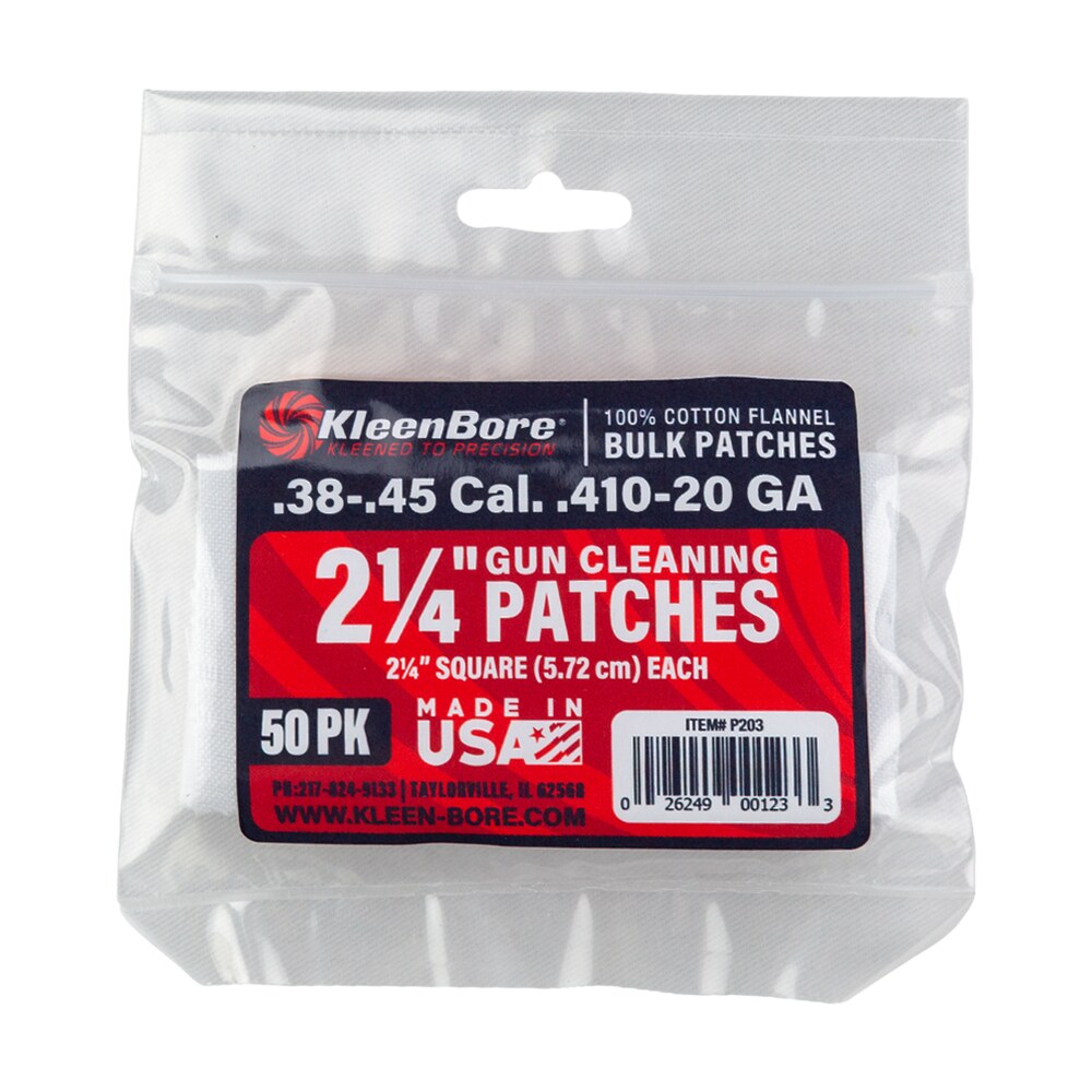 kleenbore p203 super shooter .38/ .45 cal 20/.410 gauge 2.25" 100% cotton flannel 50 per pack KleenBore P203 Super Shooter .38/ .45 Cal 20/.410 Gauge 2.25" 100% Cotton Flannel 50 Per Pack Sports South item 123740