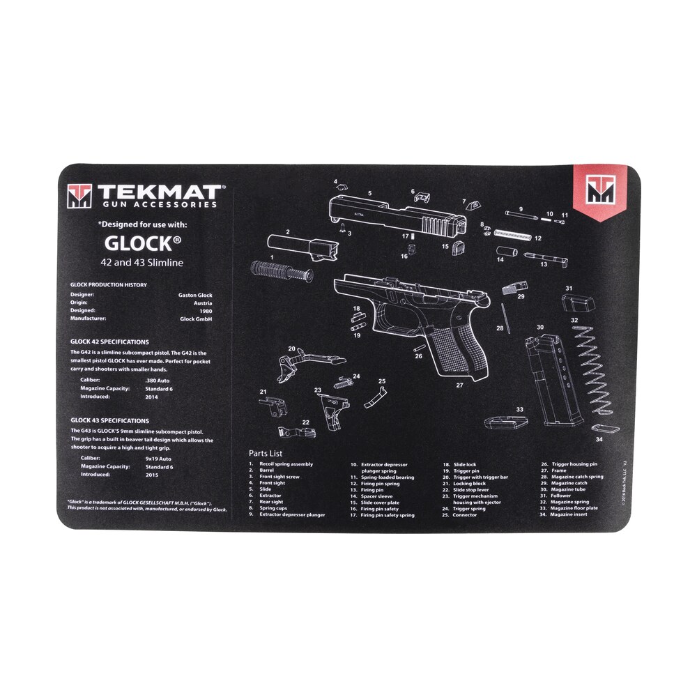 tekmat tekr17glock4243 glock 42/43 cleaning mat black/white rubber 11"x17" glock 42/43 parts diagram TekMat TEKR17GLOCK4243 Glock 42/43 Cleaning Mat Black/White Rubber 11"x17" Glock 42/43 Parts Sports South item 124456