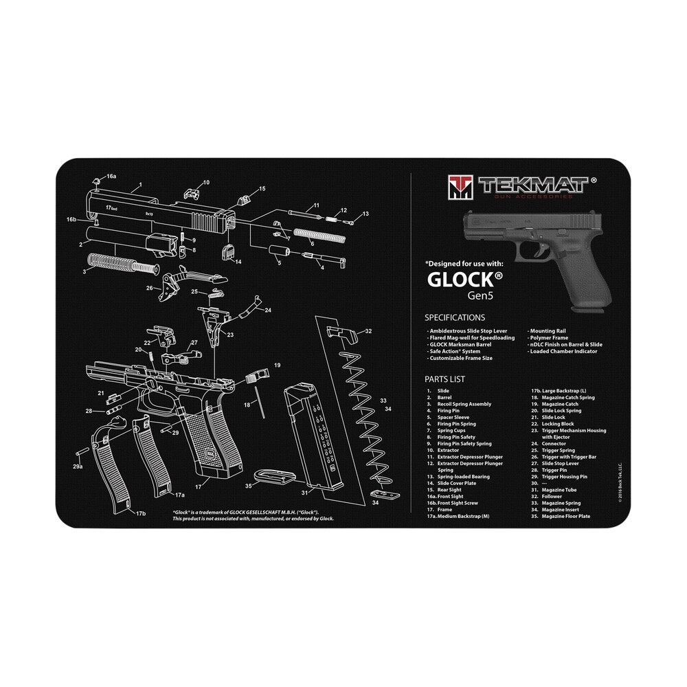 tekmat tekr17glockg5 glock gen5 cleaning mat black/white rubber 11"x17" glock gen5 parts diagram TekMat TEKR17GLOCKG5 Glock Gen5 Cleaning Mat Black/White Rubber 11"x17" Glock Gen5 Parts Sports South item 124457