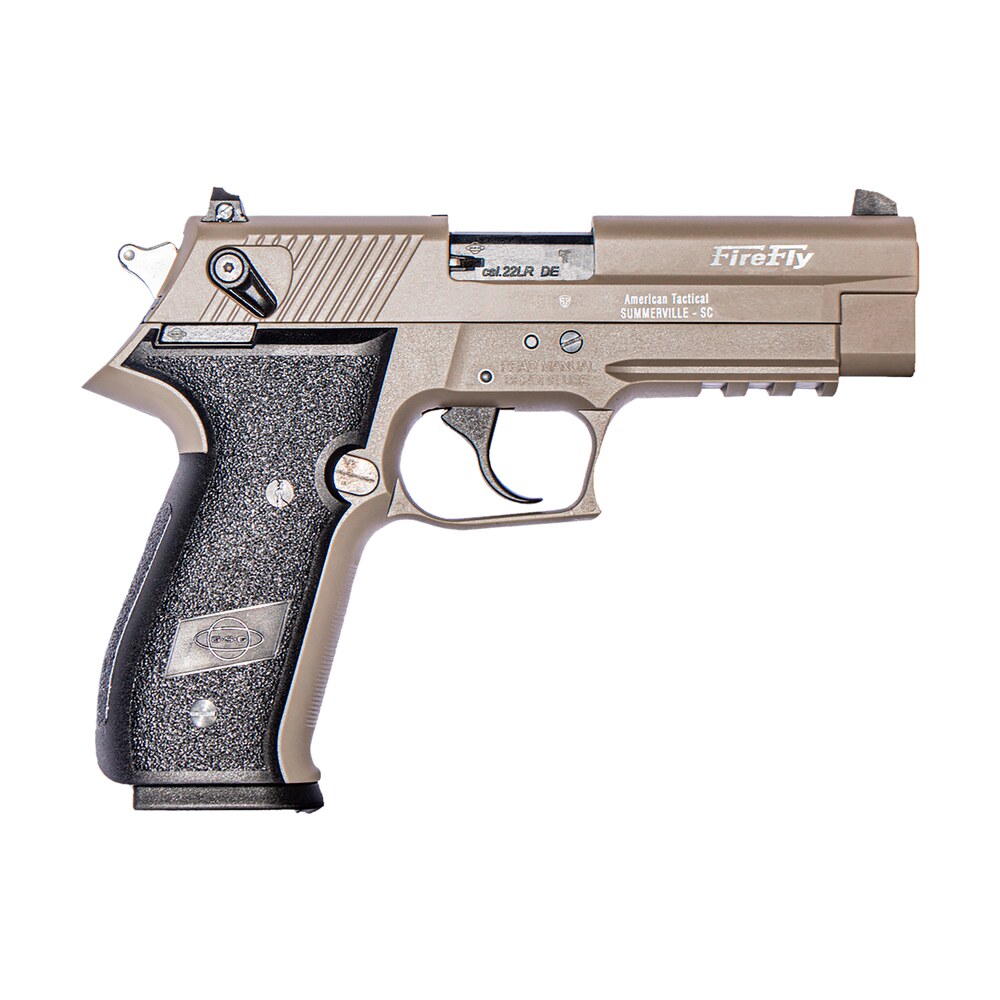 gsg gerg2210fft firefly 22 lr 10+1 4″ tan steel barrel, serrated slide, zinc alloy w/accessory rail frame, black polymer grip GSG GERG2210FFT FireFly 22 LR 10+1 4" Tan Steel Sports South item 12492