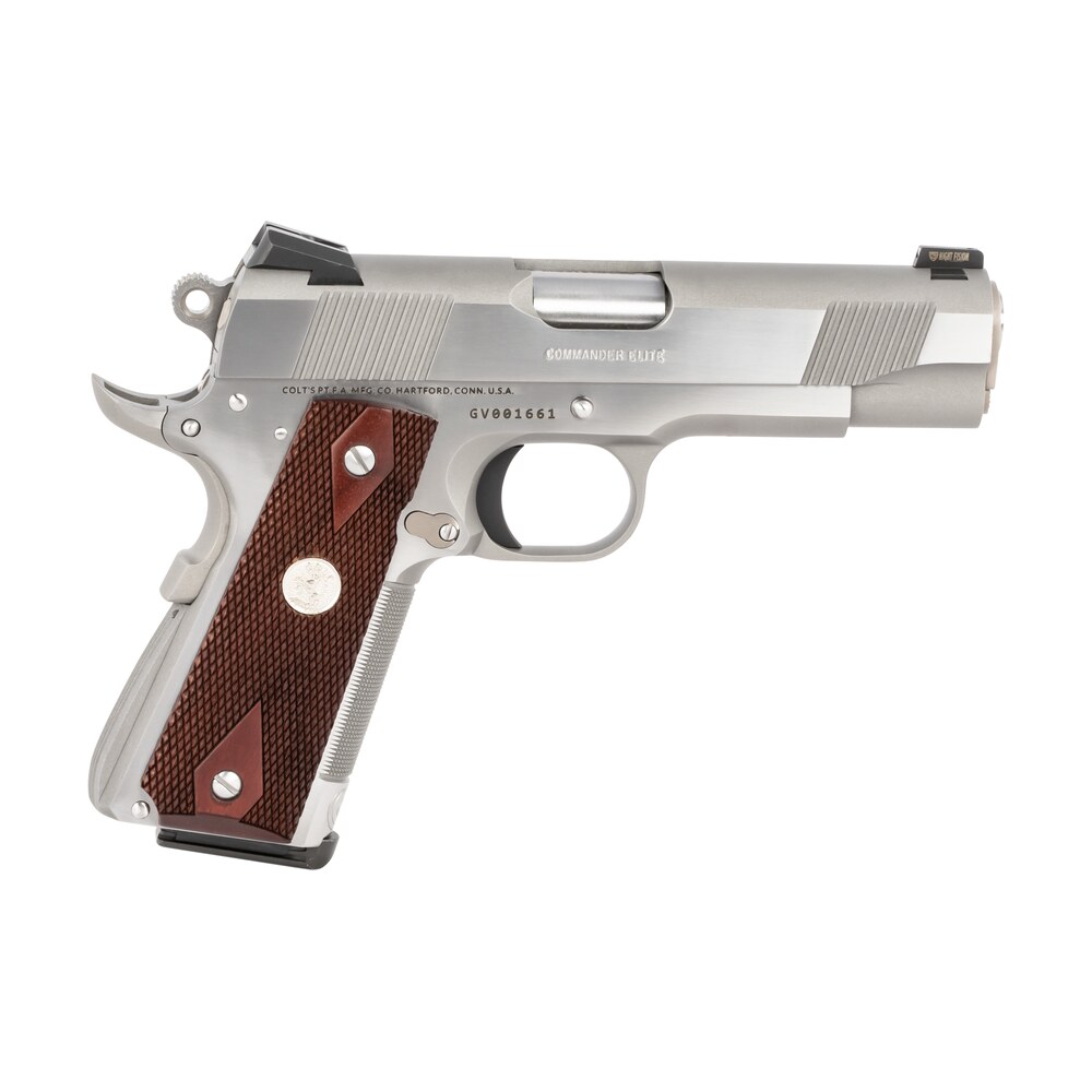 colt mfg o4012xsz combat elite commander 1911 45 acp 8+1 4.25" stainless national match barrel, brushed stainless serrated slide & frame w/beavertail, double diamond checkered wood grip, ambidextrous Colt Mfg O4012XSZ Combat Elite Commander 1911 45 ACP 8+1 4.25" Stainless National Match Sports South item 125087