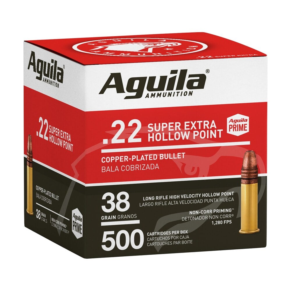 aguila 1b221118 super extra high velocity 22lr 38gr copper plated hollow point 500 per box/4 case Aguila 1B221118 Super Extra High Velocity 22LR 38gr Copper Plated Hollow Point 500 Per Box/4 Sports South item 125929