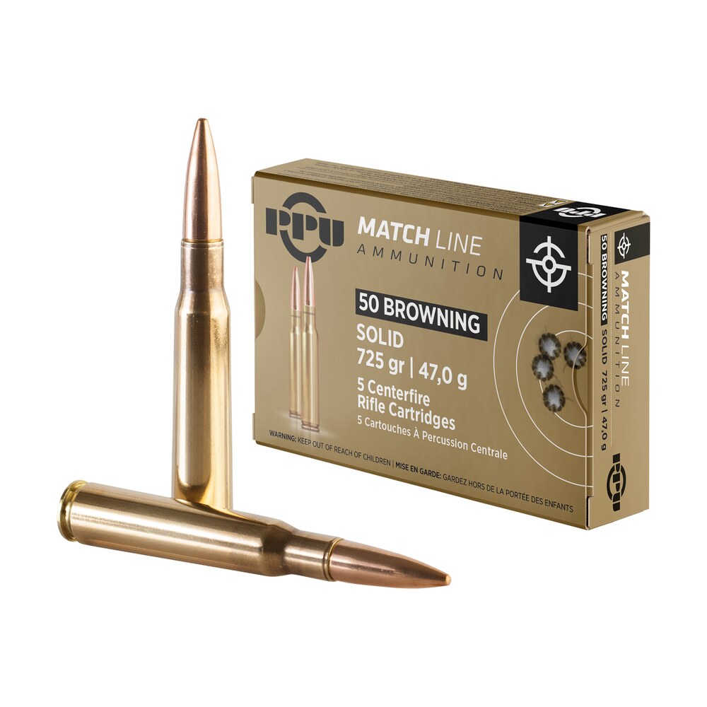 ppu ppm50 match 50bmg 725gr full metal jacket solid 5 per box/20 case PPU PPM50 Match 50BMG 725gr Full Metal Jacket Solid 5 Per Box/20 Case Sports South item 128265