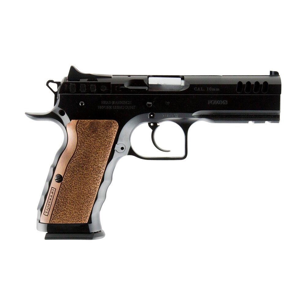 tanfoglio ifg tfstocki10 defiant stock i 10mm auto caliber with 4.50" barrel, 13+1 capacity, overall black finish steel, picatinny rail/beavertail frame, serrated slide & wood grip Tanfoglio IFG TFSTOCKI10 Defiant Stock I 10mm Auto Caliber Sports South item 128374