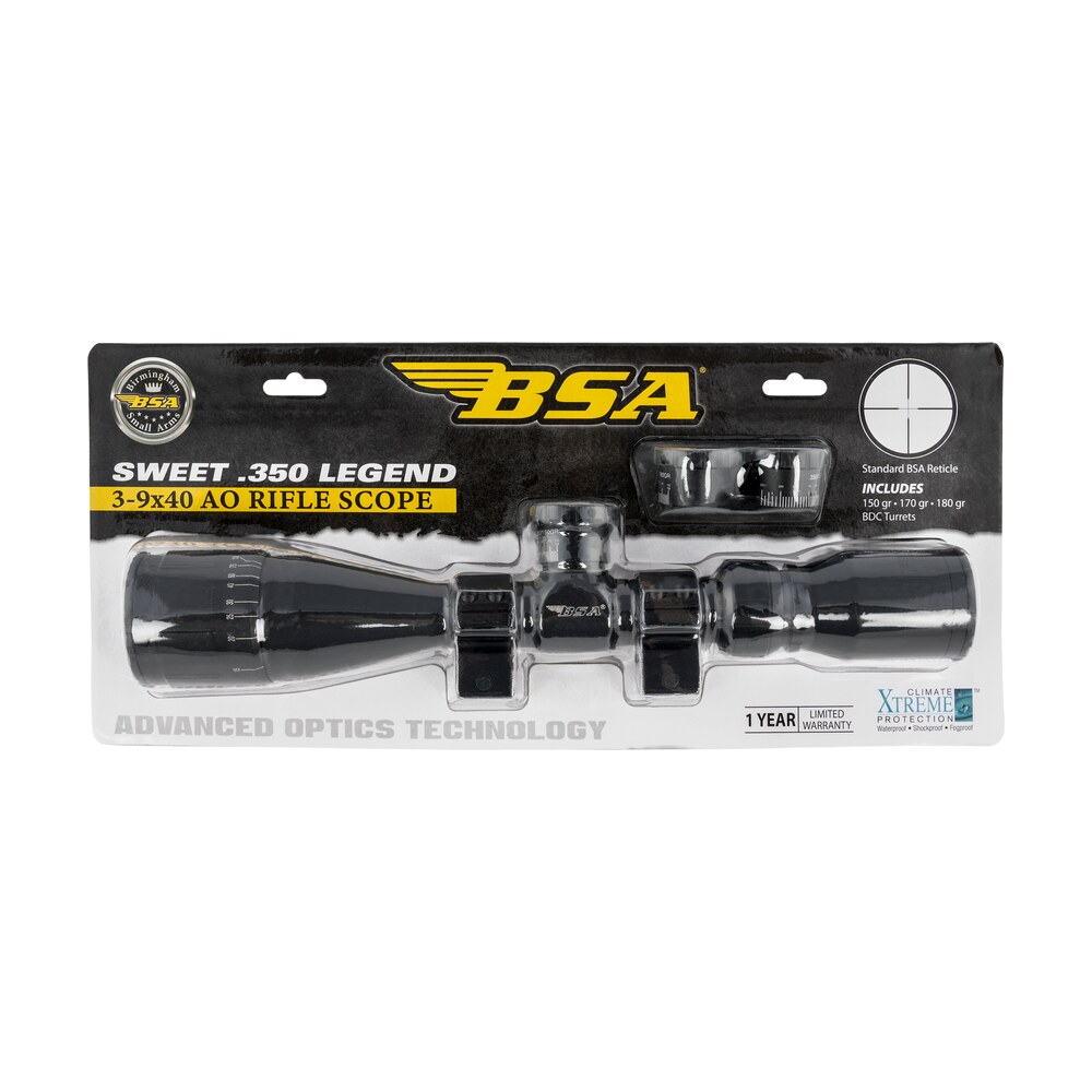 bsa 35039x40aowrtb sweet 350 legend black matte 3 9x40mm ao 1" tube 30/30 reticle features weaver rings BSA 35039X40AOWRTB Sweet 350 Legend Black Matte 3-9x40mm AO 1" Tube 30/30 Reticle Features Sports South item 128507