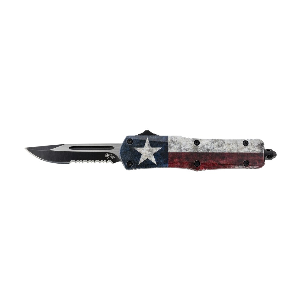 templar knife scap631 gen ii captain small 2.69" otf drop point part serrated black oxide stonewashed 440c ss blade, 4.31" red/white/blue w/star aluminum handle glass breaker Templar Knife SCAP631 Gen II Captain Small 2.69" OTF Drop Point Part Serrated Black Oxide Sports South item 130566