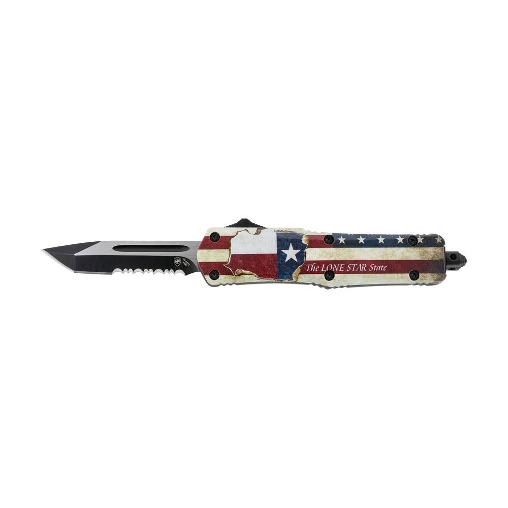templar knife stx531 gen ii texan small 2.25" otf tanto part serrated black oxide stonewashed 440c ss blade, 4.31" texas flag aluminum handle, glass breaker Templar Knife STX531 Gen II Texan Small 2.25" OTF Tanto Part Serrated Black Oxide Stonewashed Sports South item 130590