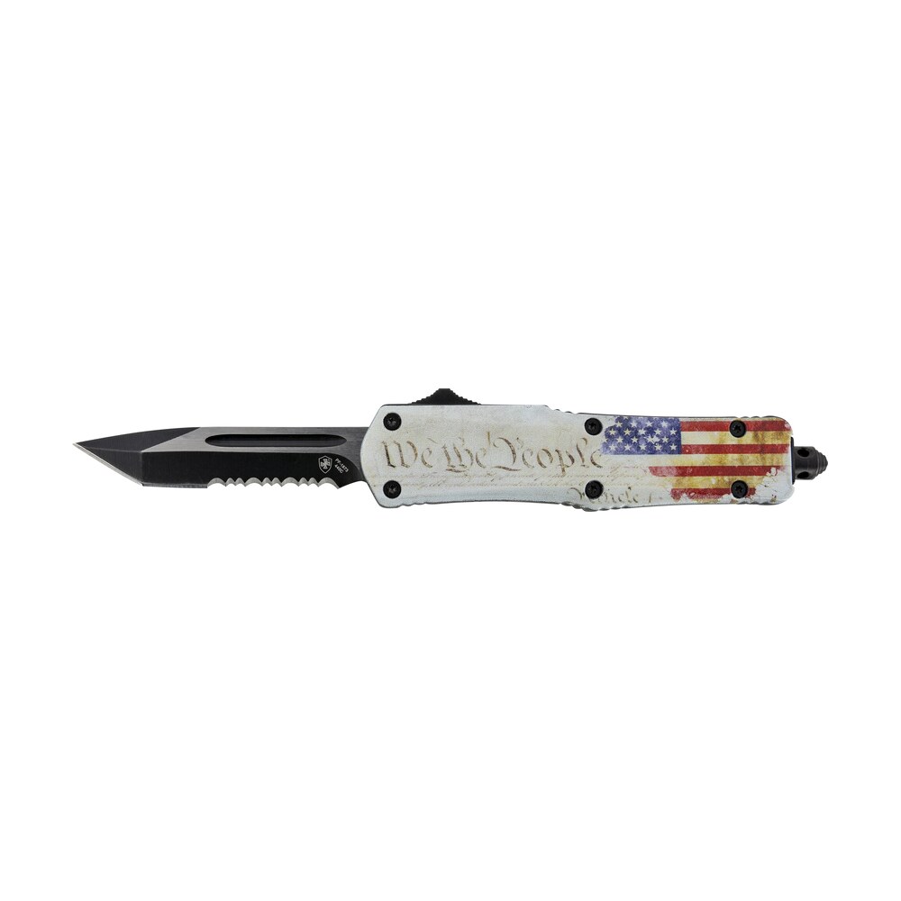 templar knife swtp531 gen ii we the people small 2.25" otf tanto part serrated black oxide stonewashed 440c ss blade, 4.31" white w/flag & "we the people" aluminum handle, glass breaker Templar Knife SWTP531 Gen II We The People Small 2.25" OTF Tanto Part Serrated Black Oxide Sports South item 130591