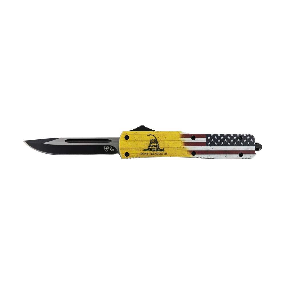 templar knife mdtom331 gen ii don't tread on me slim 3.50" otf drop point plain black oxide stonewashed 440c ss blade, 5.05" yellow w/flag & "don't tread on me" aluminum handle, glass breaker Templar Knife MDTOM331 Gen II Don't Tread On Me Slim 3.50" OTF Drop Point Plain Black Oxide Sports South item 130593