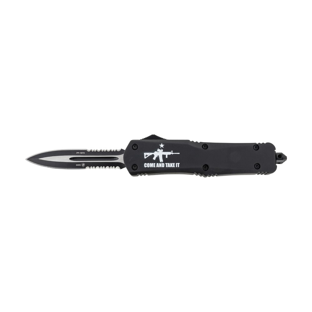 templar knife lar15431 gen ii come and take it large 3.50" otf dagger part serrated black oxide stonewashed 440c ss blade, 5.25" black w/ "come and take it" ar 15 gun aluminum handle, glass breaker Templar Knife LAR15431 Gen II Come And Take It Large 3.50" OTF Dagger Part Serrated Black Oxide Sports South item 130596