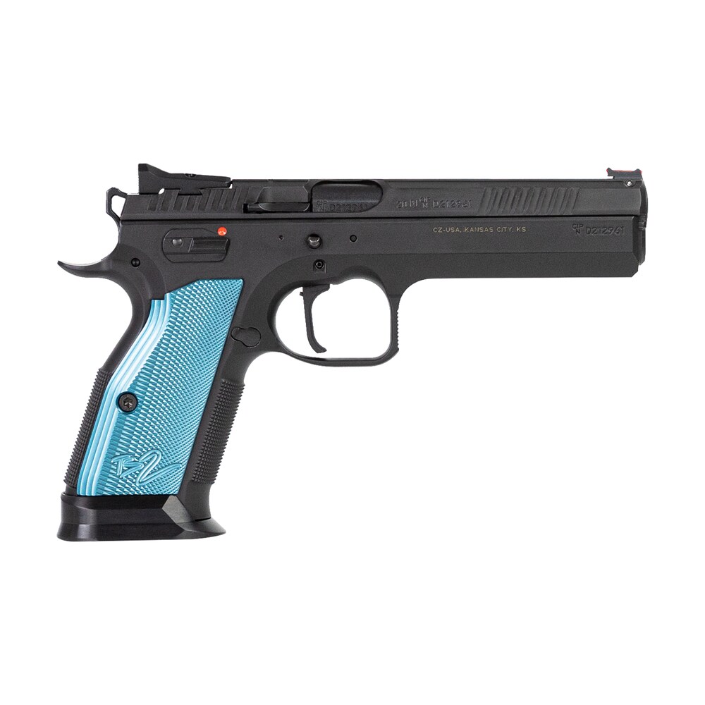 cz usa 91220 ts 2 9mm luger 20+1 5.28" blued steel barrel, black serrated steel slide, black polycoat steel frame w/beavertail, blue checkered aluminum grip, ambidextrous CZ-USA 91220 TS 2 9mm Luger 20+1 5.28" Blued Steel Sports South item 130900