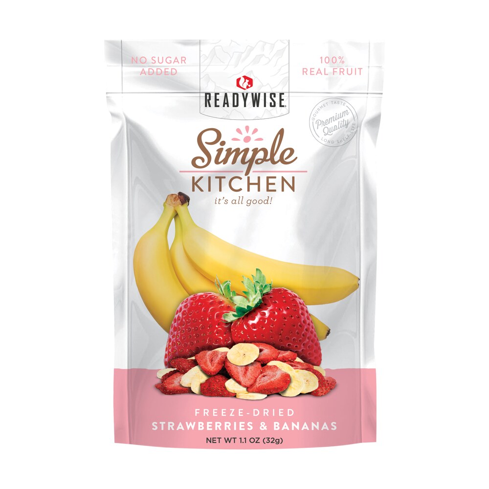 readywise sk05009 simple kitchen freeze dried fruit strawberry & bananas 1 serving pouch 6 per case ReadyWise SK05009 Simple Kitchen Freeze Dried Fruit Strawberry & Bananas 1 Serving Pouch 6 Sports South item 131365