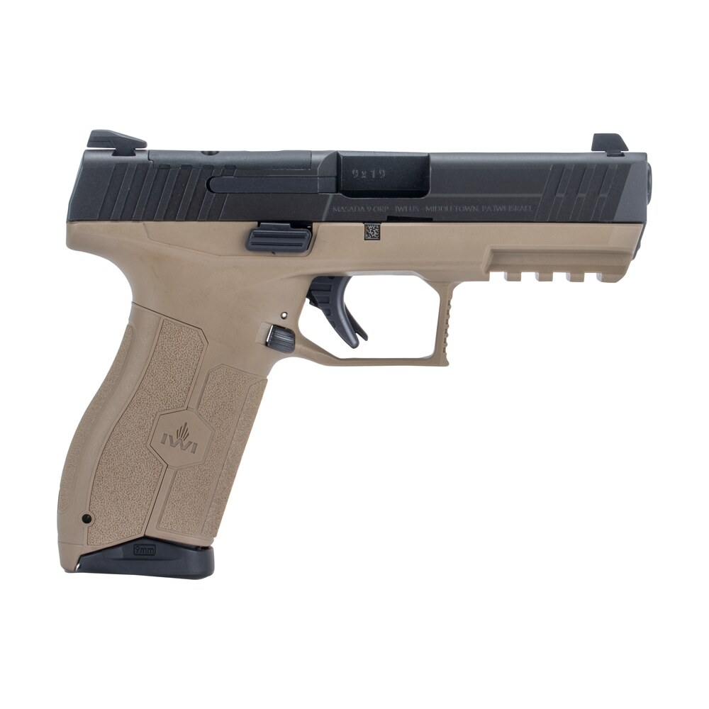 iwi us m9orp17fd masada 9mm luger 17+1 4.10" black button rifled steel barrel/black optic ready/serrated slide/flat dark earth polymer frame w/picatinny rail/fde polymer grips ambidextrous IWI US M9ORP17FD MASADA 9mm Luger 17+1 4.10" Black Button Rifled Steel Barrel/Black Optic Sports South item 131653