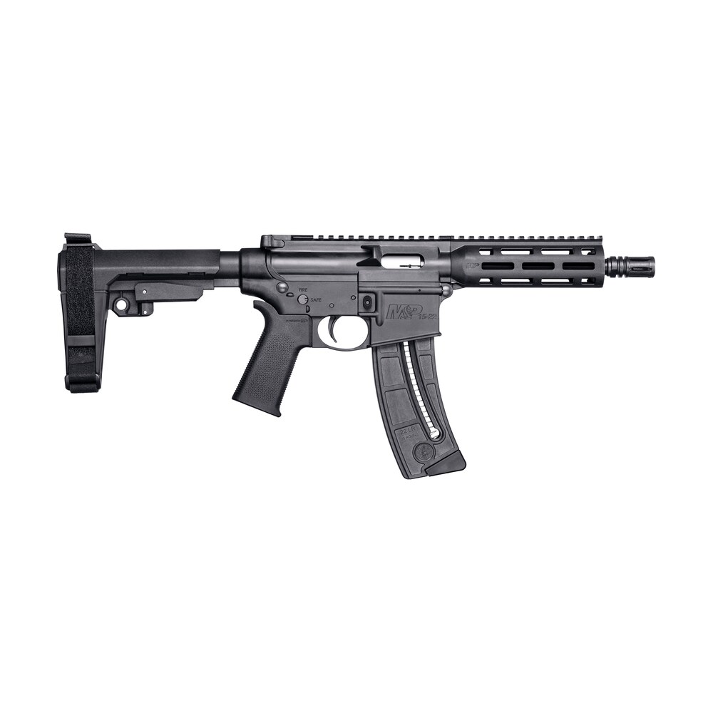 smith & wesson 13321 m&p15 pistol 22 lr 8" black carbon steel barrel 25+1, black sb tactical sba3 adjustable arm brace stock, black magpul moe grip, manual safety, optics ready Smith & Wesson 13321 M&P15 Pistol 22 LR 8" Black Carbon Steel Barrel 25+1, Black SB Sports South item 132139