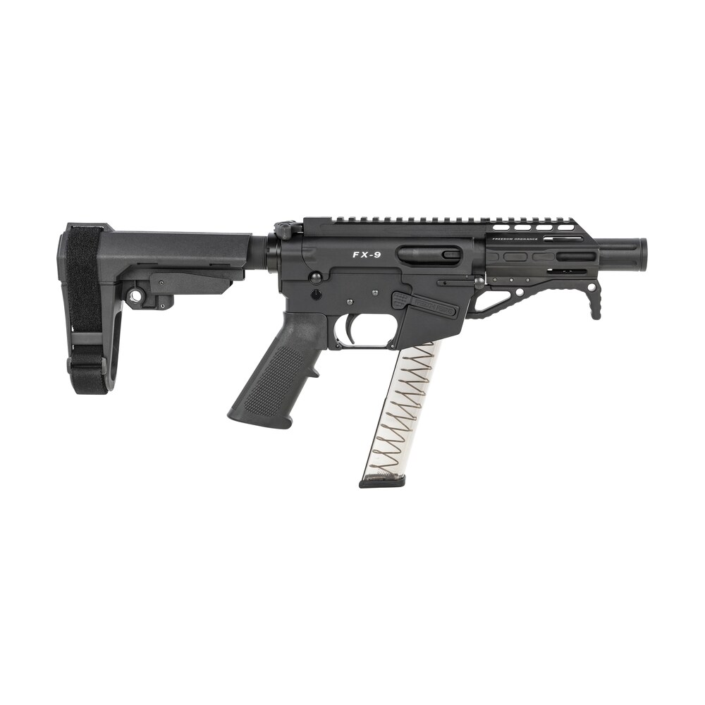 freedom ordnance fx9p4s fx 9 9mm luger 31+1 4" black nitride barrel w/faux suppressor, black hard coat anodized aluminum receiver, sb tactical sba3 pistol brace stock, black polymer grip Freedom Ordnance FX9P4S FX-9 9mm Luger 31+1 4" Black Nitride Barrel Sports South item 132729