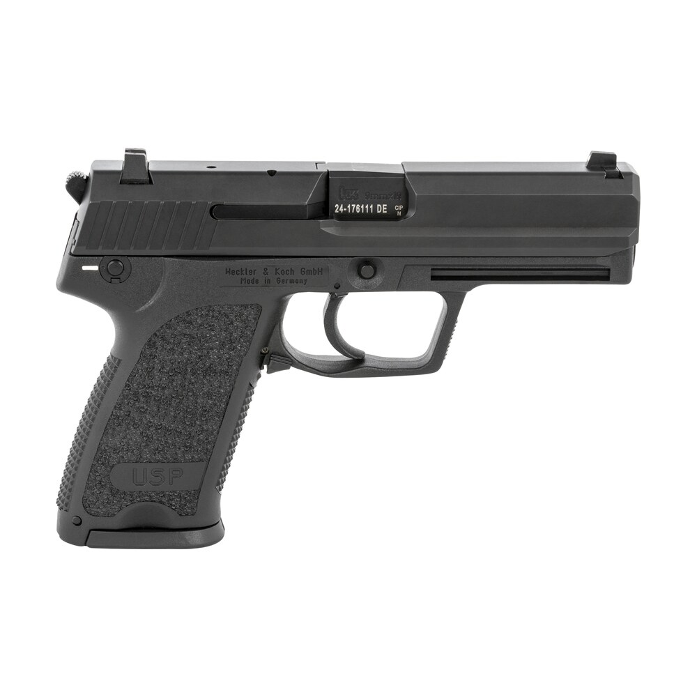 hk 81000309 usp v1 sa/da 9mm luger caliber with 4.25" barrel, 10+1 capacity, overall black finish, serrated trigger guard frame, serrated steel slide & polymer grip includes 2 mags HK 81000309 USP V1 SA/DA 9mm Luger Caliber Sports South item 133120