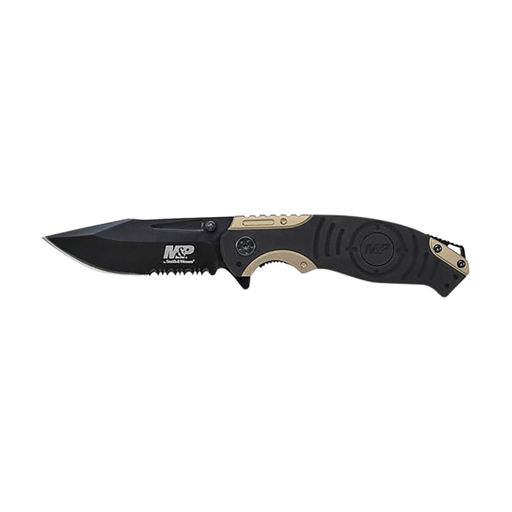 smith & wesson knives swp13bscp m&p 3.50" folding drop point part serrated stonewashed 8cr13mov ss blade/black & tan aluminum handle includes pocket clip Smith & Wesson Knives SWP13BSCP M&P 3.50" Folding Drop Point Part Serrated Stonewashed Sports South item 134036
