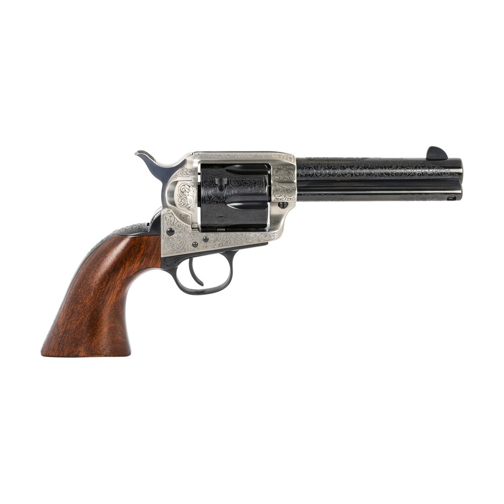 taylors & company 550924 1873 cattleman 357 mag caliber with 4.75" blued floral engraved finish barrel, 6rd capacity blued finish cylinder, coin photo engraved finish steel frame & walnut grip Taylors & Company 550924 1873 Cattleman 357 Mag Caliber Sports South item 134310