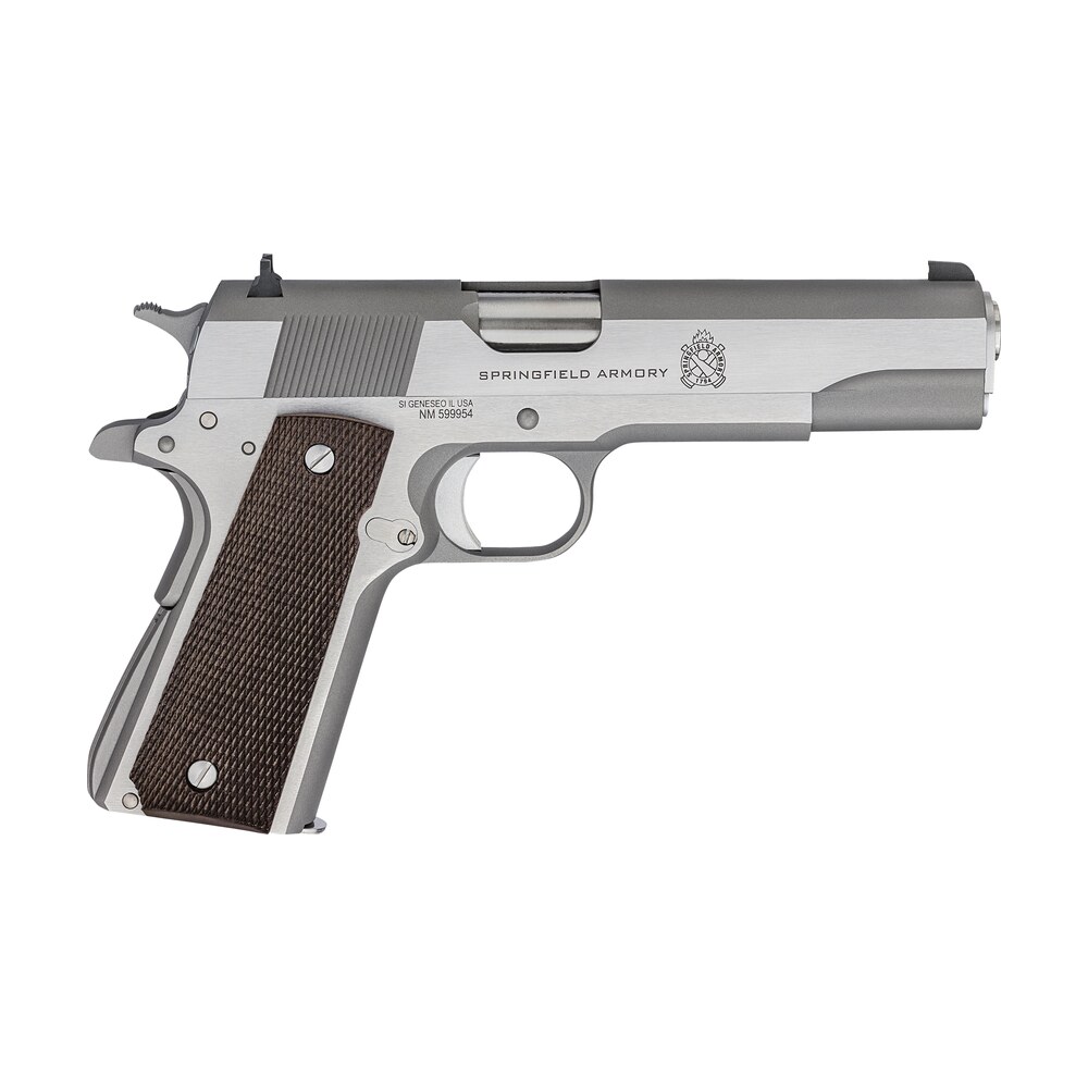 springfield armory pbd9151l 1911 mil spec defend your legacy 45 acp 7+1, 5" stainless steel match grade barrel, stainless serrated slide, stainless steel frame w/beavertail, checkered wood grip Springfield Armory PBD9151L 1911 Mil-Spec Defend Your Legacy 45 ACP 7+1, 5" Stainless Steel Sports South item 134328