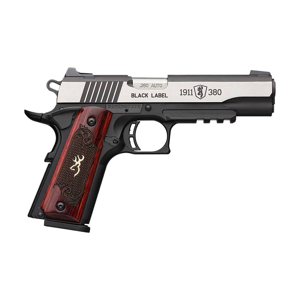browning 051969492 1911 380 black label medallion pro 380 acp 4.25" 8+1 matte black stainless steel with black accents rosewood with integrated gold buck mark inlay grip fixed 3 dot picatinny rail Browning 051969492 1911-380 Black Label Medallion Pro 380 ACP 4.25" 8+1 Matte Black Stainless Sports South item 135155