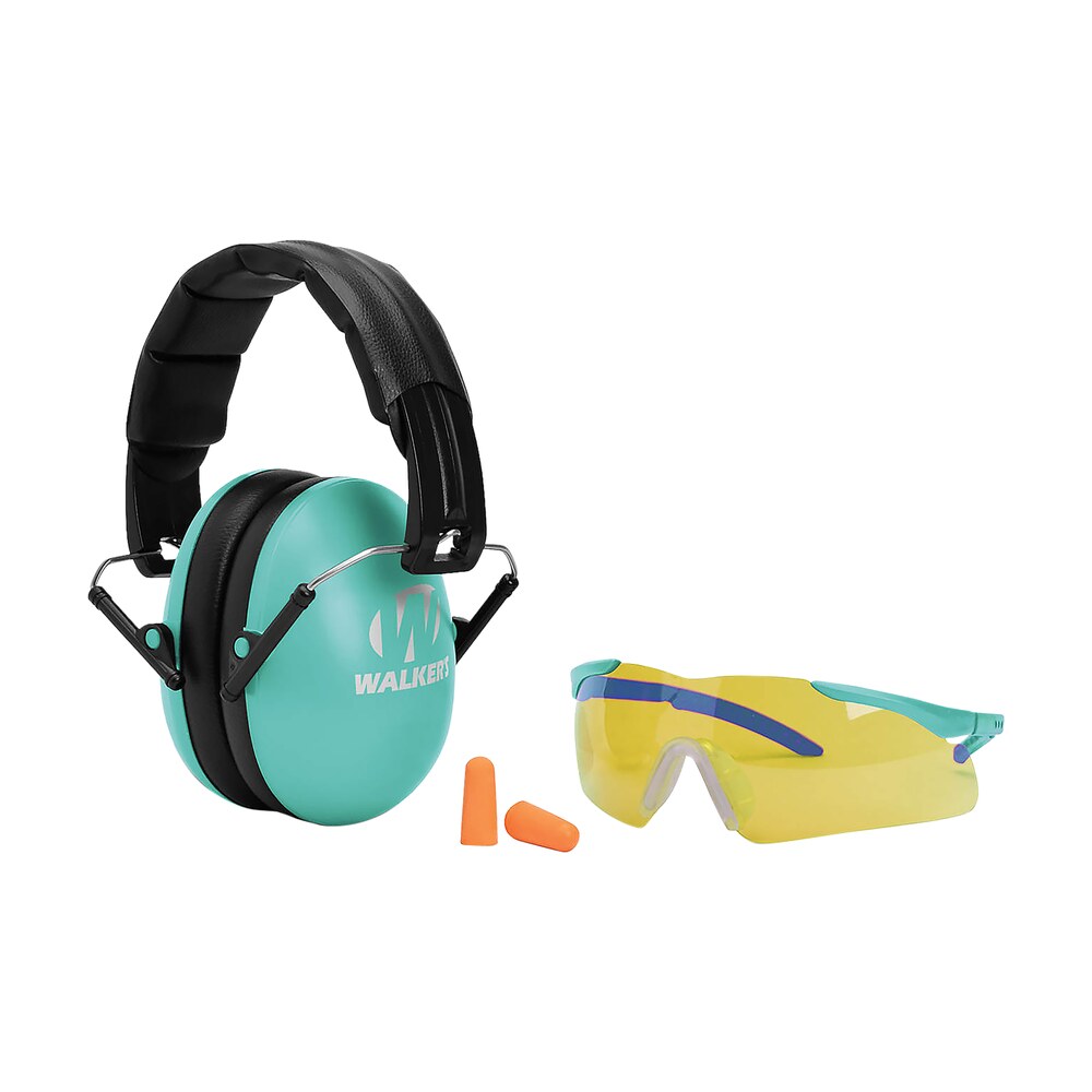 walker's gwpywfm2gfpltl folding muff combo 23 db over the head folding muff, foam ear plugs, shooting glasses black/teal polymer fits youth/women Walker's GWPYWFM2GFPLTL Folding Muff Combo 23 dB Over the Head Folding Muff, Foam Ear Plugs, Sports South item 136330