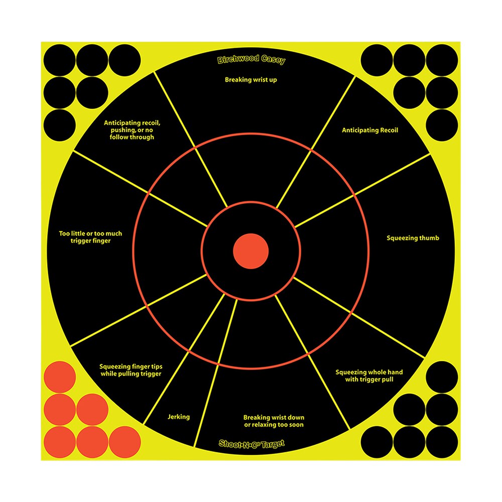 birchwood casey 34075 shoot n c reactive target self adhesive paper black/yellow/red 12" bullseye 50 pack *worn, damaged pkg/bagged Birchwood Casey 34075 Shoot-N-C Reactive Target Self-Adhesive Paper Black/Yellow/Red 12" Sports South item 136553