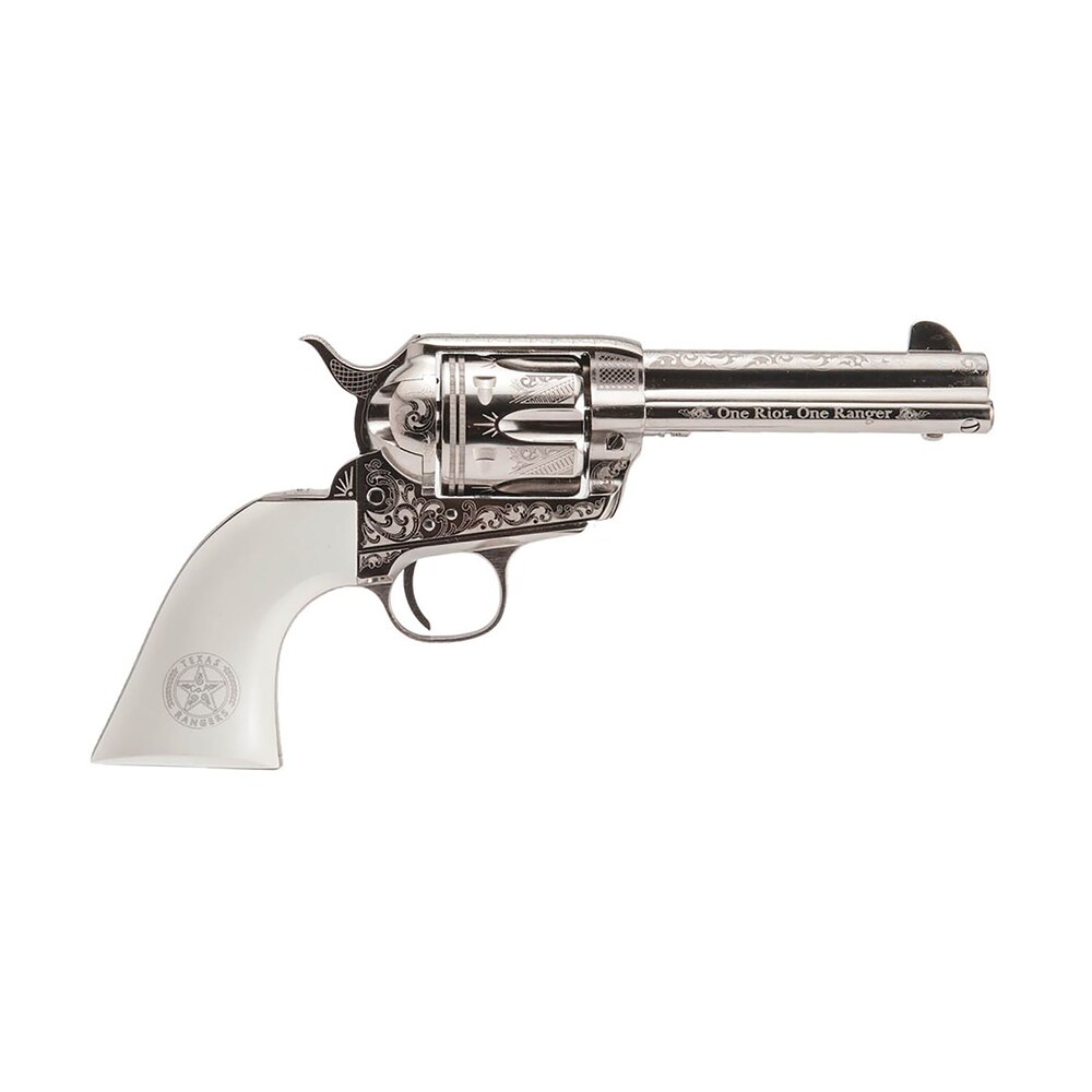 cimarron pp410lntxr frontier texas ranger 45 colt (lc) 6 shot, 4.75" engraved nickel plated steel barrel, cylinder & frame, engraved "one riot, one ranger" ejector rod, white polymer grip Cimarron PP410LNTXR Frontier Texas Ranger 45 Colt (LC) 6 Shot, 4.75" Engraved Nickel-Plated Sports South item 136758
