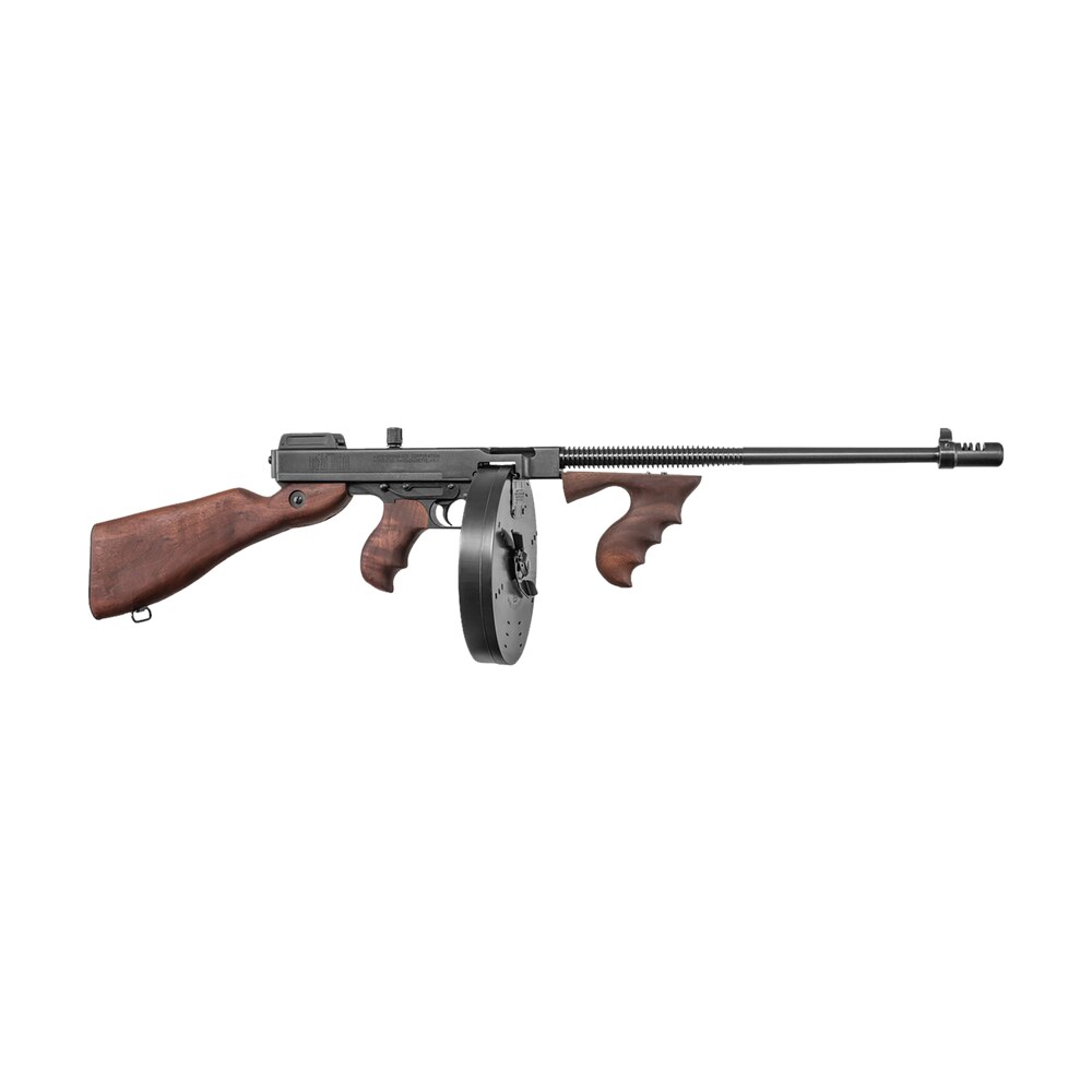 thompson t1100d 1927a 1 deluxe carbine 45 acp caliber with 18" barrel, 20+1 capacity (stick), 100+1 capacity (drum), blued metal finish, american walnut stock wood grip right hand Thompson T1100D 1927A-1 Deluxe Carbine 45 ACP Caliber Sports South item 138188