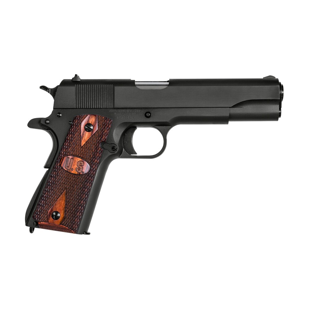 auto ordnance 1911bko9w 1911 a1 gi spec 9mm luger 9+1 5" stainless steel barrel, matte black serrated carbon steel slide & frame w/beavertail, checkered wood w/integrated us logo grip Auto-Ordnance 1911BKO9W 1911 A1 GI Spec 9mm Luger 9+1 5" Stainless Steel Sports South item 138193